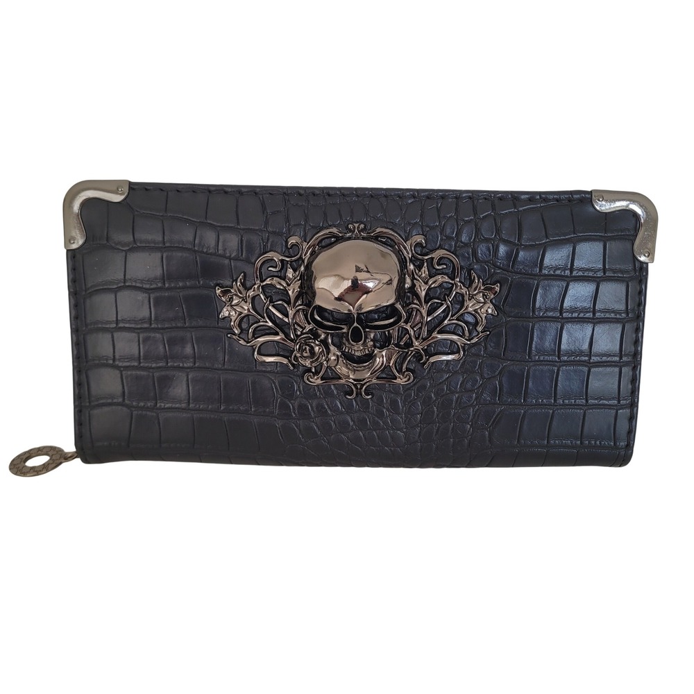 Black Crocodile Embossed Skull Filigree Zip Around Continental Wallet Goth